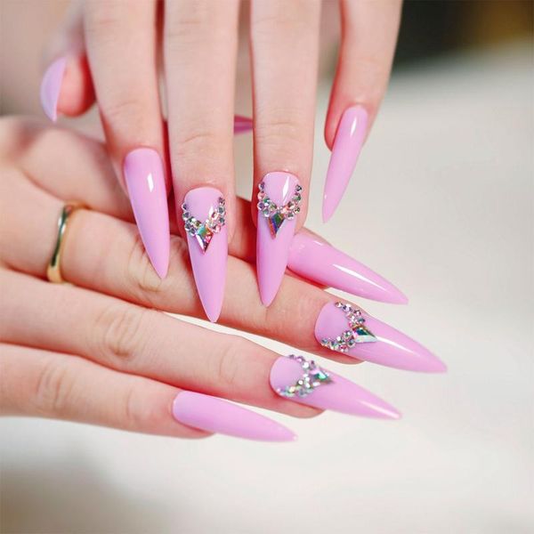 

false nails 24pcs rhinestone fake pink long stiletto full cover nail tips press on ballerina coffin manicure tool, Red;gold