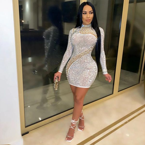 

brand women see-through mesh diamond dress long sleeve bodycon mini dresses summer spring party club wear outfits casual, Black;gray
