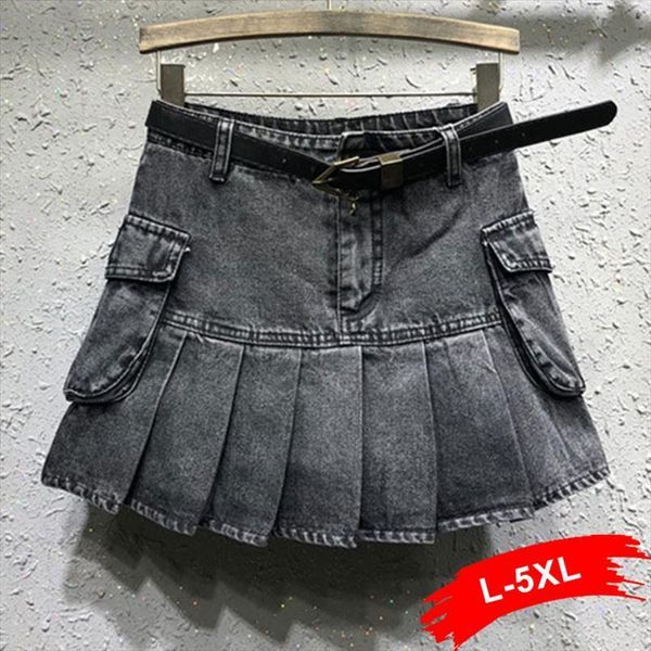 

plus size big pockets womens skirts chic short jeans mom 5xl ruffles sashes zipper fly female basic mini mujer y2k, Black