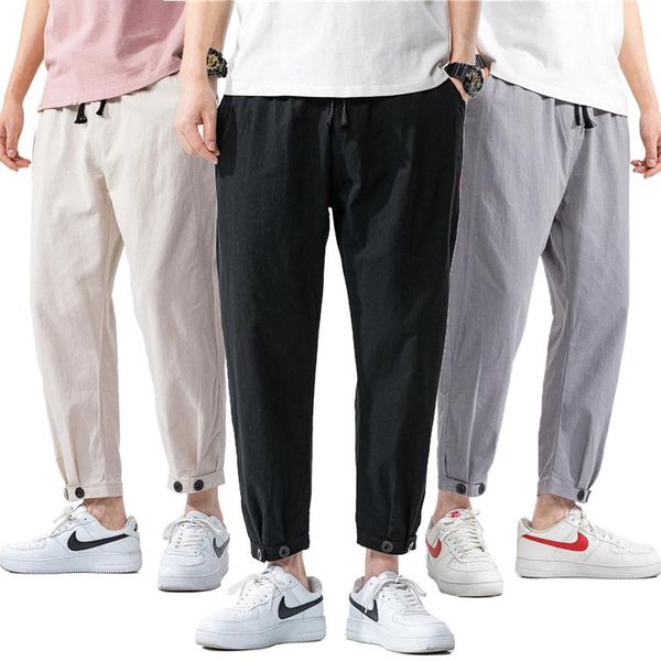 

men's pants summer style men's trousers linen drawstring jogging casual pure color home, Black