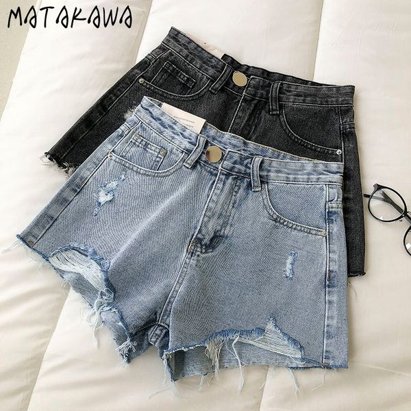 

matakawa ripped wide leg pants women's summer loose woman shorts korean ins high waist wild denim shorts 210513, White;black