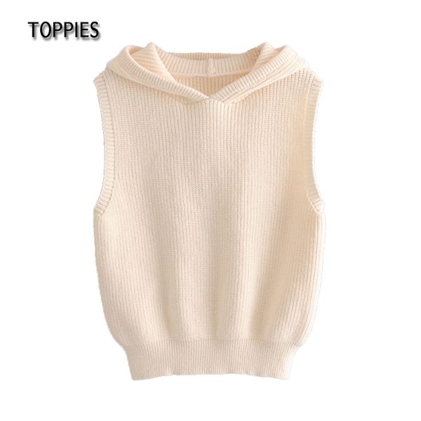 Toppies Frühling Casual Mit Kapuze Pullover Weste Frauen Gestrickte Tops Beige Weste Weibliche Ärmellose Weste 210412