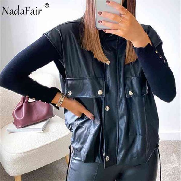 

nadafair faux leather jacket coat women spring casual pu pockets zipper shrug winter sleeveless jackets coats woman vest, Black