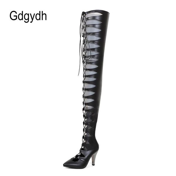 

gdgydh stiletto high heels over the knee boots women front lace up thigh pointed toe spring autumn plus size, Black