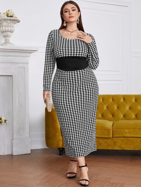 

plus houndstooth scoop neck split hem dress 70me#, Black