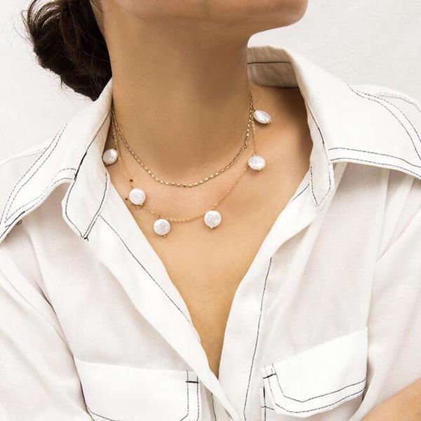 

pendant necklaces 2021 double layer chain gold choker necklace women korean style pearl fashion jewelry collar, Silver