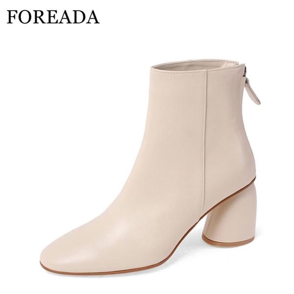

boots foreada natural genuine leather woman high heel ankle round shoes zip short female autumn winter beige 40, Black
