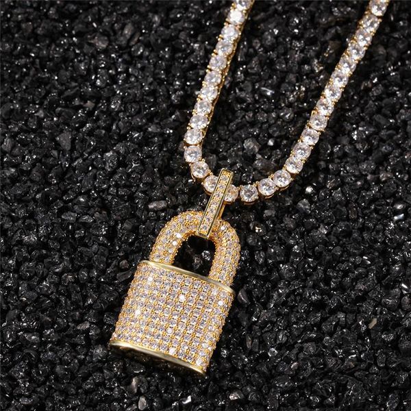 

pendant necklaces hip hop iced out full zircon pad lock long necklace rope chain tennis choker for women jewelry, Silver