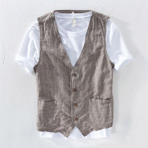 

men's vests mens waistcoat stripe button business casual linen cotton blend vest, Black;white