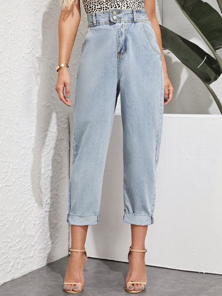 

high rise raw hem mom jeans m6se#, Blue