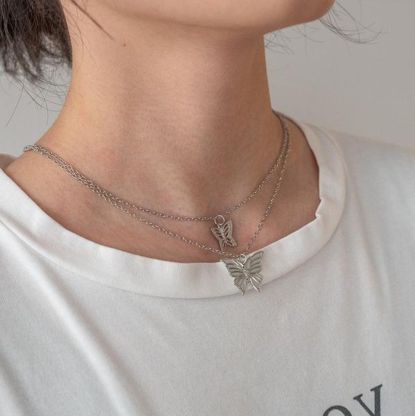 

chains south korea 2021 fashion and exquisite two butterfly multilayer ladies necklace pendant stainless steel retro chain, Silver