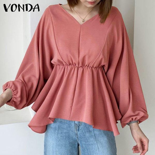 

women's blouses & shirts vonda women casual blouse fashion pleated long sleeve v neck solid color tunic bohemian blusas femininas offi, White