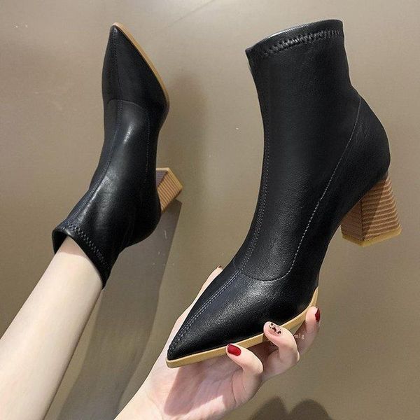 

boots women leather autumn winter fashion heel set foot wear-resistant non-slip comfortable ankle, Black