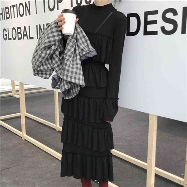 

chic spring dress woman slim waist cloth black cascading ruffle long-sleeve vestidos korean dresses female streetwear 210603, Black;gray