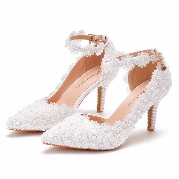 

white lace wedding shoes side hollow thin heel pointed high-heeled sandals, Black
