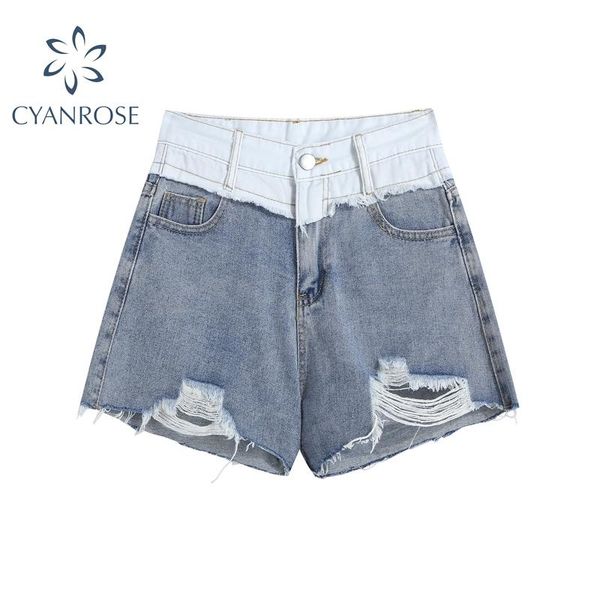 

women's shorts fashion casual patchwork denim short for women high waist and hole summer 2021 streetwear vintage wide leg jean female, White;black