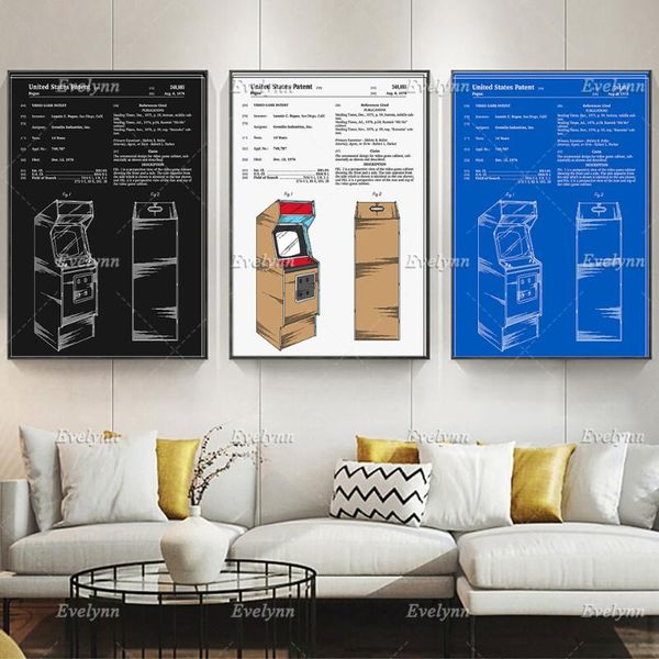 

paintings arcade game patent vintage poster, colour, blueprint, or black and white home decor canvas wall art prints unique gift