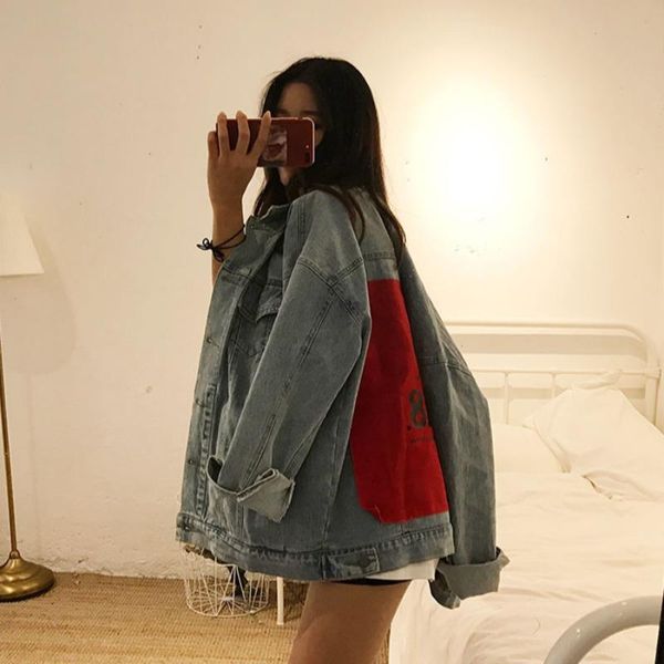 

women's jackets net red denim jacket female loose ins tide 2021 spring korean retro hong kong flavor patch shirt, Black;brown