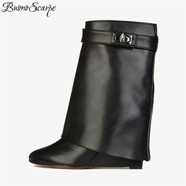 

buonoscarpe women boots wedge genuine leather shark lock mid-calf fold over height increasing botas mujer shoe 210830, Black