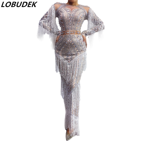 

casual dresses sparkly rhinestones tassel long dress luxurious birthday celebrate prom evening party fringe stones singer host costume, Black;gray