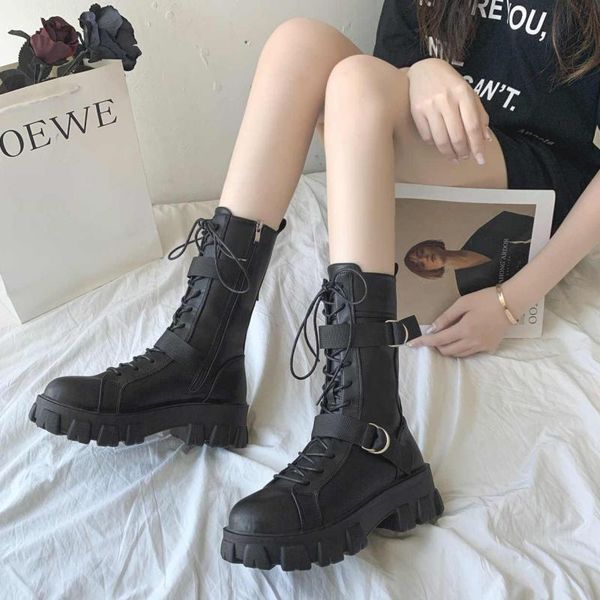 

boots 2021 thick-soled pu leather knee high women's punk heightened zipper long lace-up fashion ankle mujer, Black