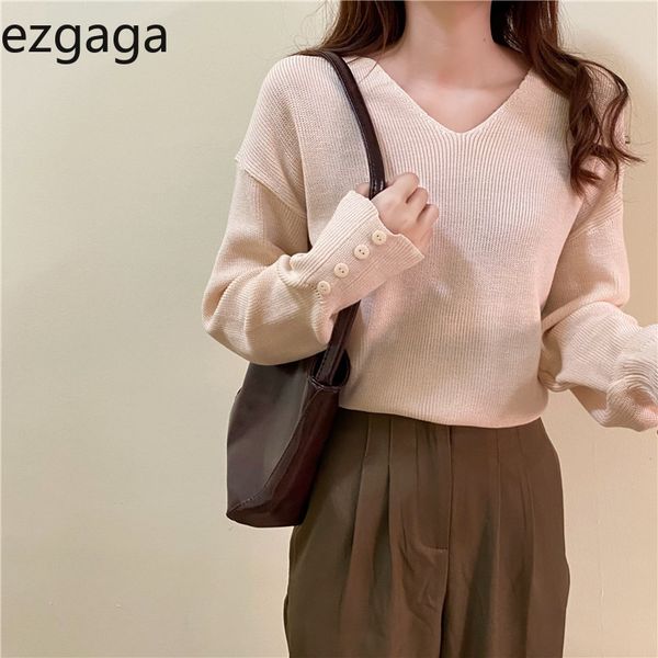 

ezgaga sweater women v-neck base autumn winter pullover inside outwear long sleeve button knit office lady elegant jumper 210430, White;black