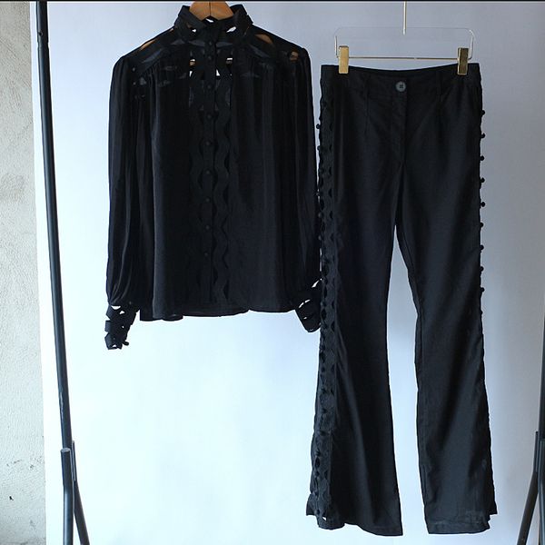 

europe and the united states early spring high collar openwork wave pattern bat sleeve fashion wild shirt, White