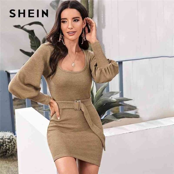 

casual shein scoop neck ribbed knit solid pencil sweater dress with belt women autumn streetwear bishop sleeve bodycon elegant dresses, Black;gray