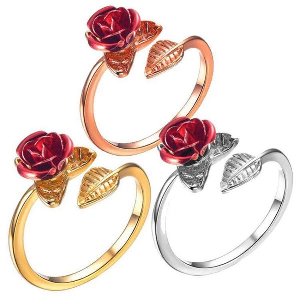

wedding rings rongxing simple fashion red rose flower opening adjustable for women gold/silver/rose gold color ring couple jewelry gifts, Slivery;golden