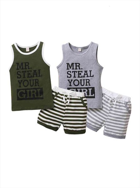 

summer kids boys vest and shorts suit letter printed sleeveless stripe short pants casual set clothes, White