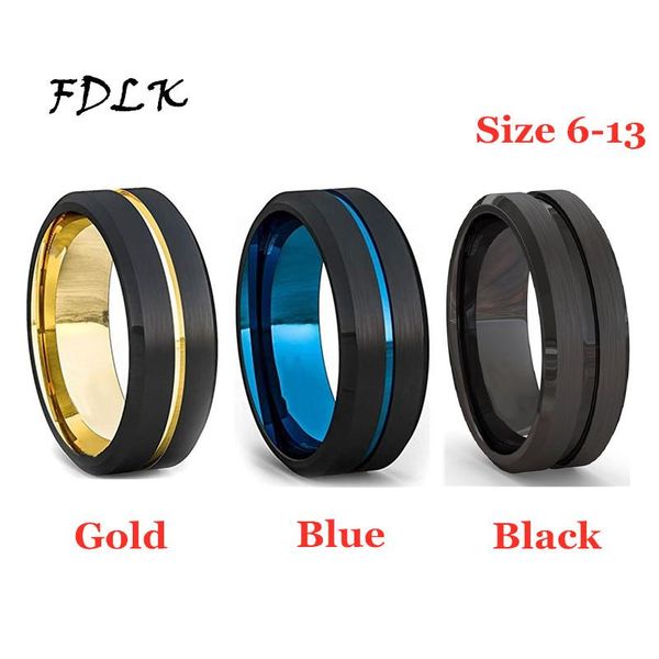 

wedding rings fdlk 8mm black brushed black/gold/blue color edge stainless steel ring stripe mens band jewelry wholesale, Slivery;golden
