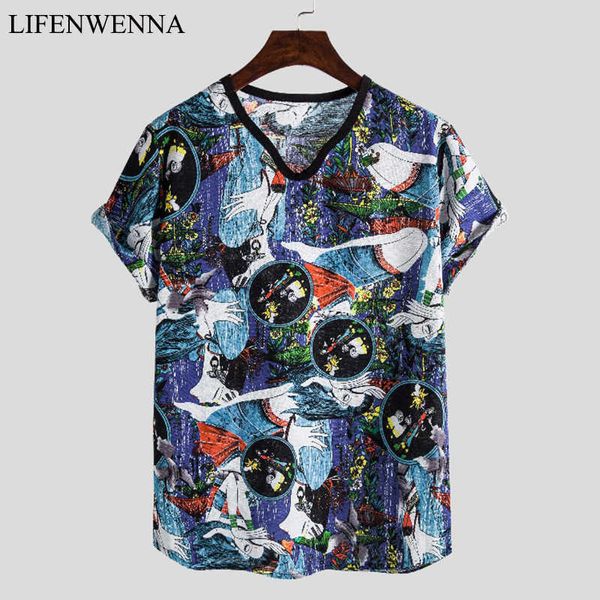 Linho T Shirt Homens Verão Moda Imprimir Manga Curta T Camisetas Homens Casuais Mens Havaí T-shirt Plus Tamanho V Neck Top Tees 5xL 210528