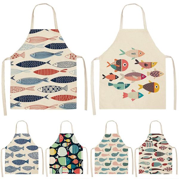 

aprons 1pc cartoon fish pattern cleaning colorful for woman home cooking kitchen apron cook ear cotton linen bibs 68x55cm