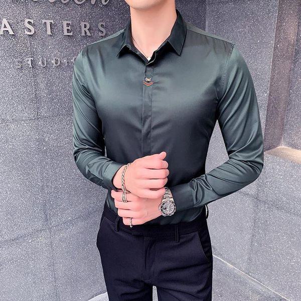 

embroidery mens shirts casual slim fit long sleeve dress shirt solid formal business streetwear social blouse chemise homme 2021 men's, White;black