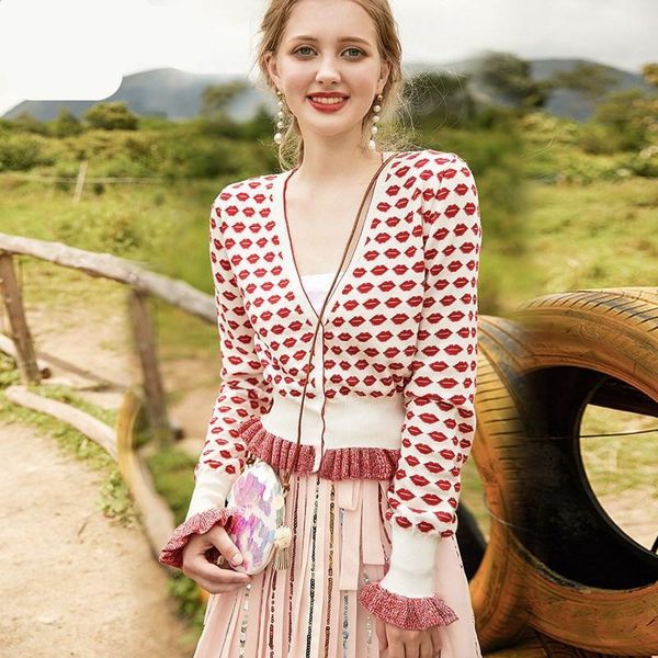 

brand designer knitted cardigans womens sweaters causel v neck contrast color red lip jacquard high waist sweater, White;black