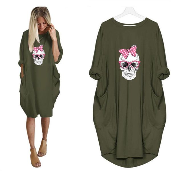 

casual dresses harajuku skull print for women long sleeve streetwear thin knee-length vintage punk loose sukienka korean fashion green, Black;gray