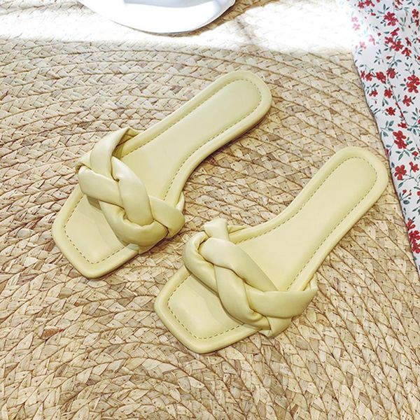 

slippers yellow weave design women flat square toe casual beach summer sandals black knit slides shoes woman zapatillas femmes1 x13k