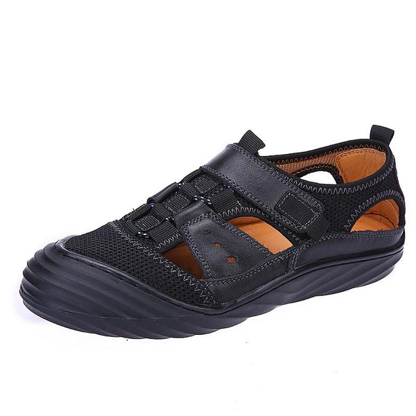 

sandals genuine leather men fashion breathable mesh hook & loop rubber sole casual beach fishernan shoes, Black