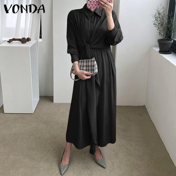 

casual dresses autumn shirt dress 2021 vonda women long sleeve belted holiday lapel button down party sundress bohemian vestidos, Black;gray