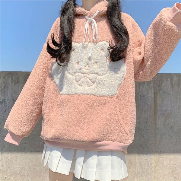 

women's hoodies & sweatshirts japanese coat lamb hair bear plus velvet padded pocket hoodie harajuku preppy style sweet kawaii winter c, Black