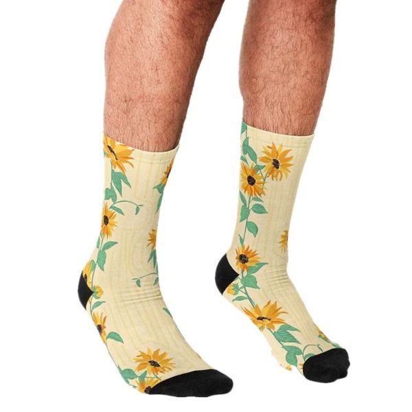 

men's socks 2021 funny optimism summer sunflower pattern printed hip hop happy cute boys street style crazy for men, Black