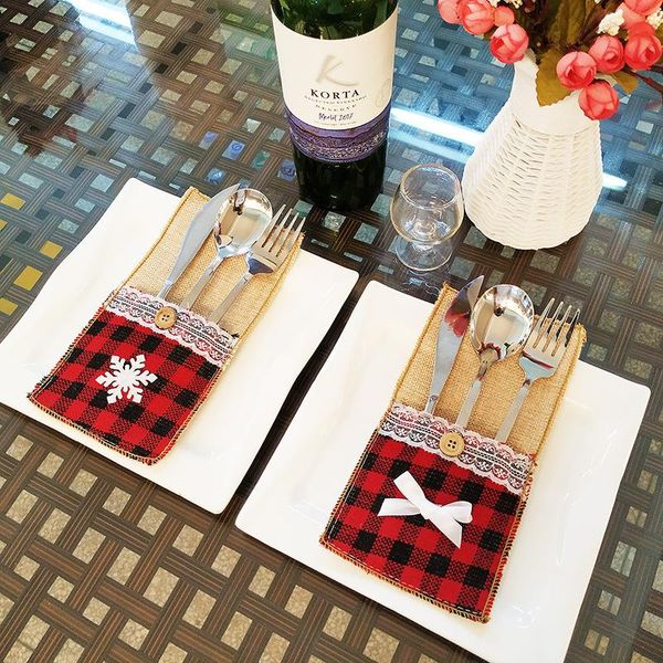 

christmas decorations oheart red plaid linen decorative tableware cutlery holder knife fork set bag gift spoon pocket table decor