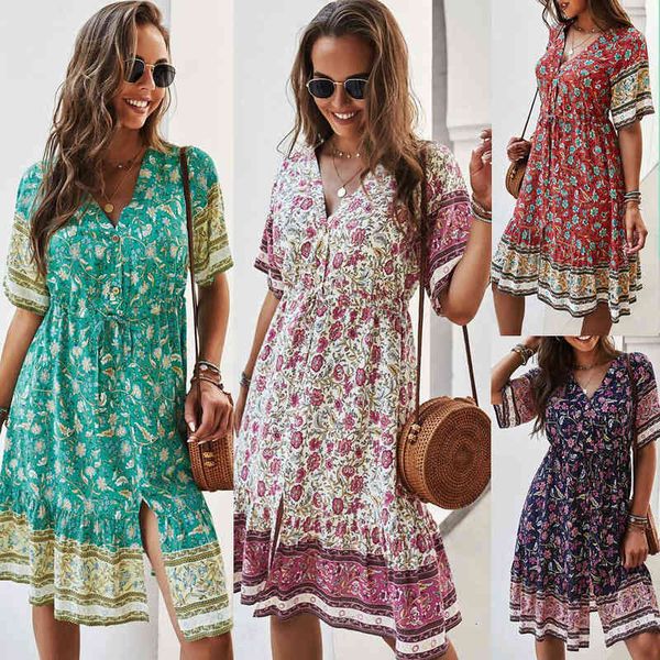 

casual dresses independent r & d and dign ins net red bohemian printing holiday dresses 2022v collar skirt, Black;gray