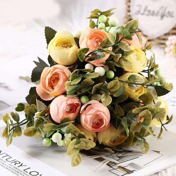 

rose pink silk peony artificial flowers camellia bud bouquet hydrangea fake for home wedding bride holding decoration decorative & wreaths