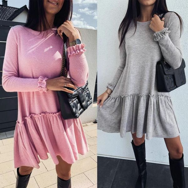 

casual ruffle mini dress women autumn 2021 fashion female o-neck long sleeve decor loose short dresses gray pink vestidos, Black;gray