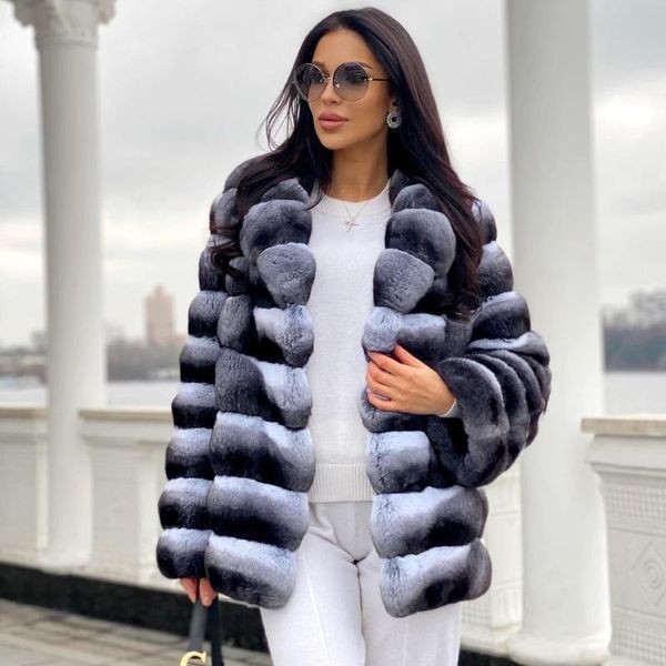 

women's fur & faux luxury women real rex coat winter 2021 chinchilla color genuine jacket turn-down collar overcoats, Black