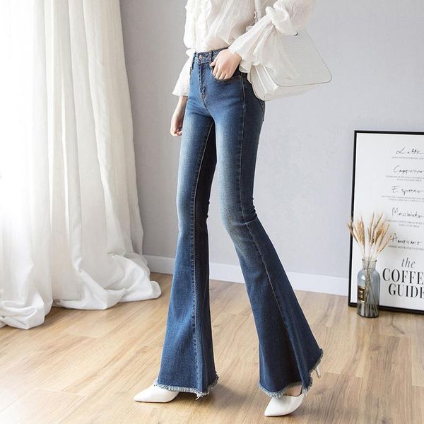 

women's jeans gvuw autumn high waist slim tight burr mop floor flared pants good quality kb20110, Blue