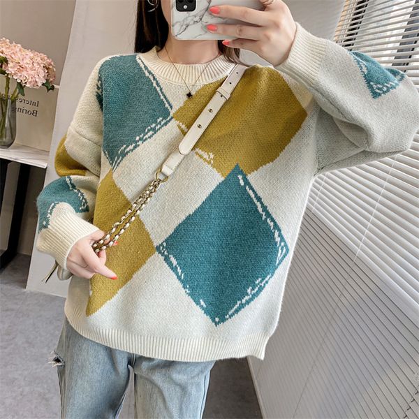 

women's sweaters color block knitted female plaid loose sweater girls preppy style autumn winter fashion all-match pullover l, White;black