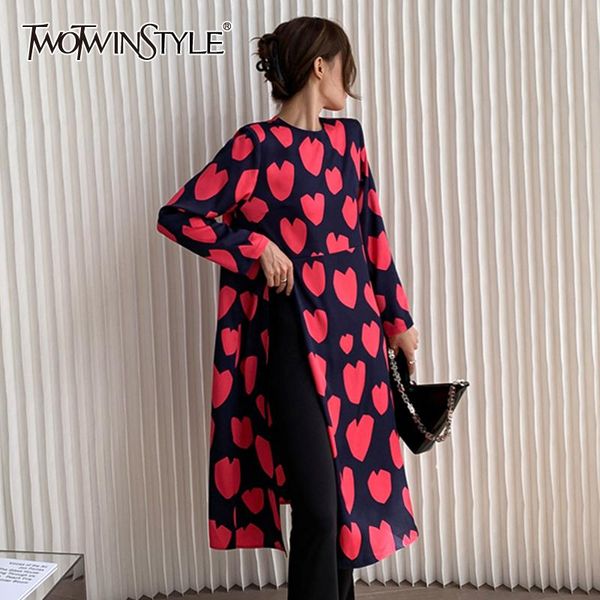 

casual dresses twotwinsttyle print love shape for female lapel collar long sleeve colorblock high waist slimming women's dress, Black;gray