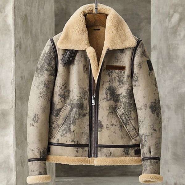 

men's leather & faux mens sheepskin shearing jacket b3 bomber grey camouflage lapel short style, Black
